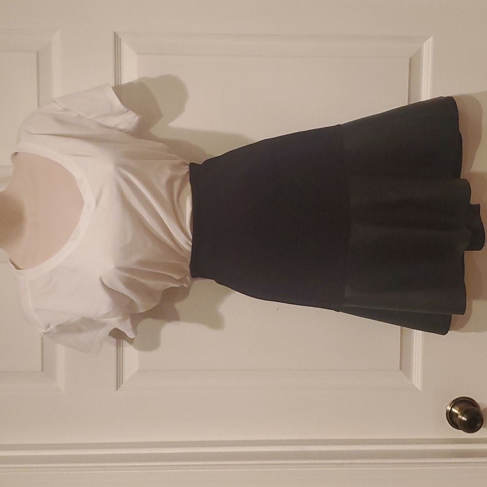 CAbi Black stretch knit & faux lambskin A-Line skirt